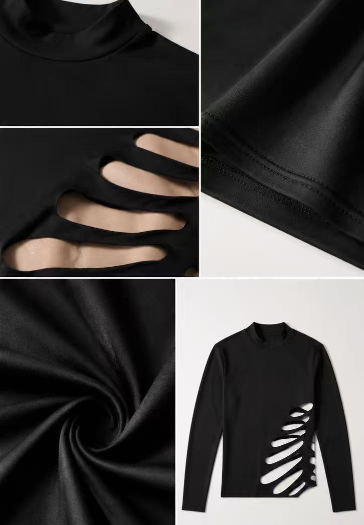 Black fitted statement top fabric texture and asymmetric cutout details designed for alternative fashion styling