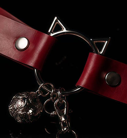 Close-up of WEIX red leather cat ear choker with silver O-ring and bell