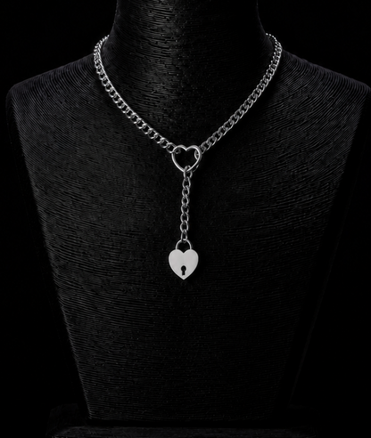 Silver Heart Lock Chain Necklace with Heart Padlock on Black Jewelry Display