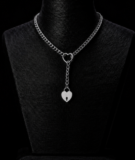 Silver Heart Lock Chain Necklace with Heart Padlock on Black Jewelry Display