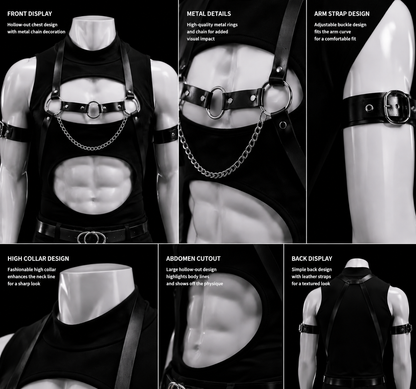 WEIX black body accessory set details showing adjustable straps, metal hardware, arm pieces and styling views