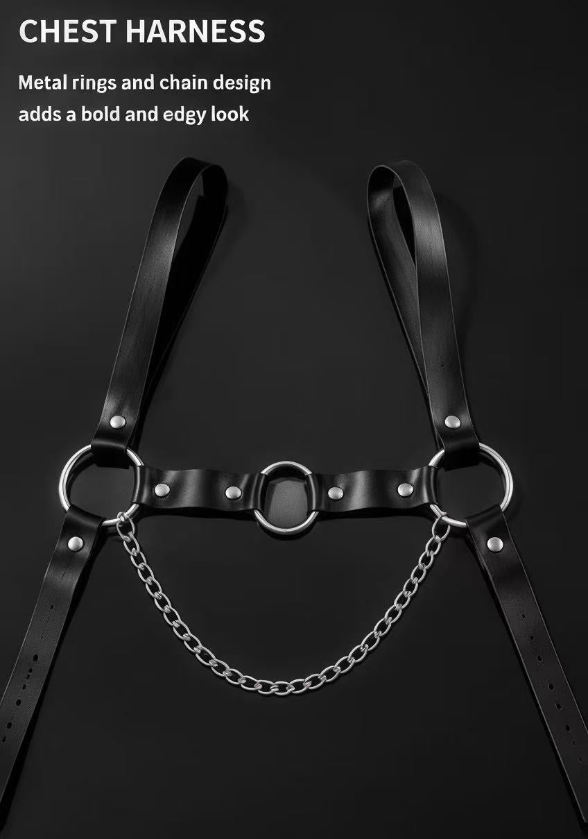 WEIX structured black chest body accessory with adjustable straps, silver-tone rings and chain detail