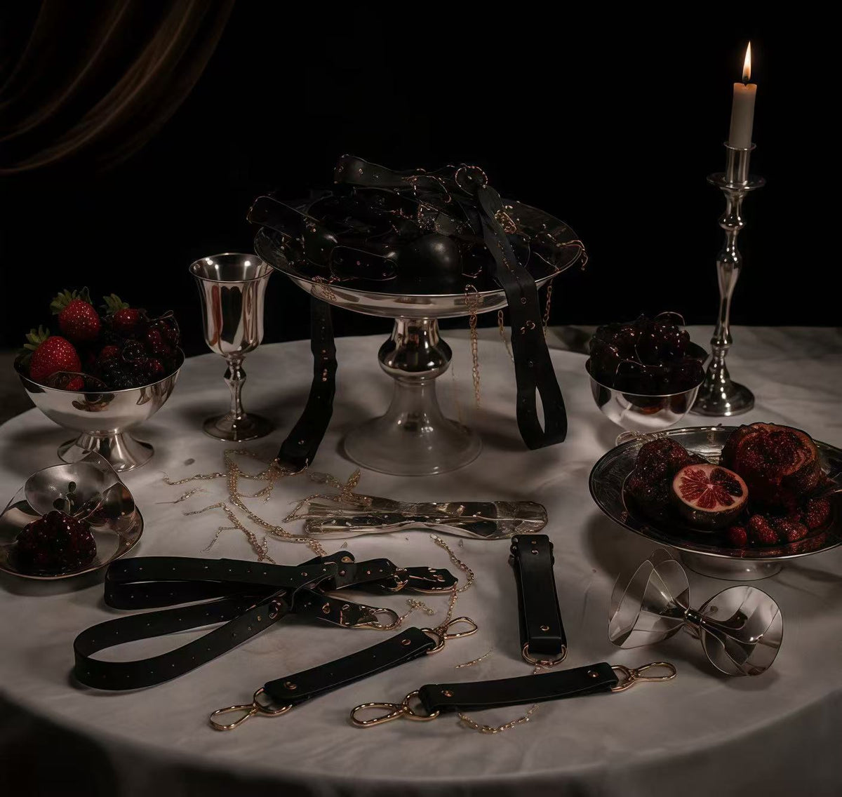 Premium leather couple connection set displayed with chains and gold-tone accessories