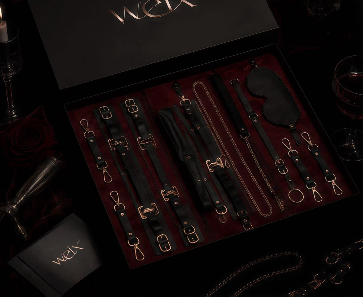 Luxury black leather couple connection gift set with gold-tone hardware and premium packaging