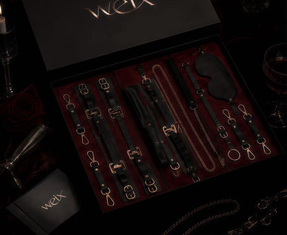 Luxury black leather couple connection gift set with gold-tone hardware and premium packaging
