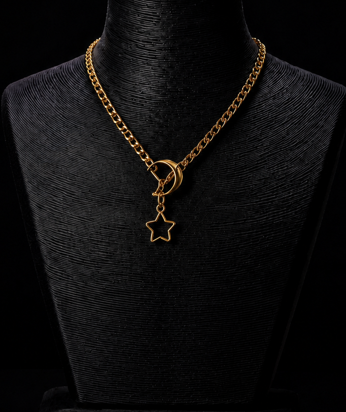 Handcrafted gold moon star slide chain necklace with adjustable pull chain design