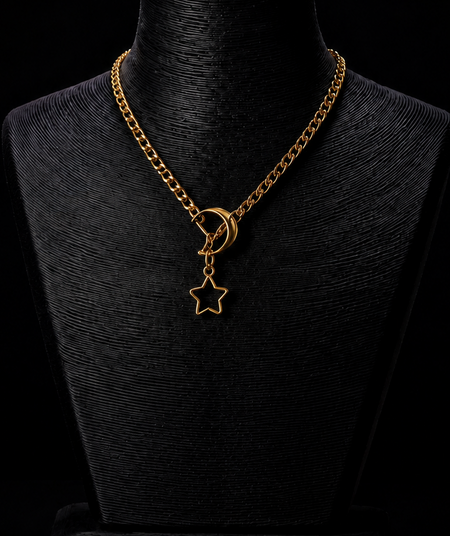 Handcrafted gold moon star slide chain necklace with adjustable pull chain design